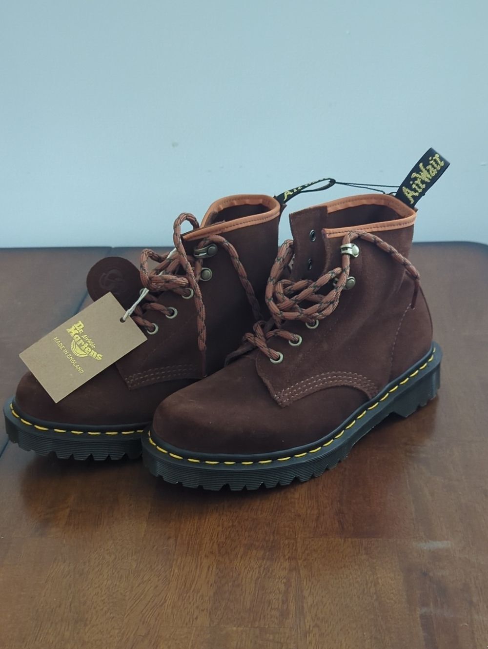 NWT Dr. Martens 6 Eye Brown Suede Boots with Yellow Stitching Women's 7/Men's 6